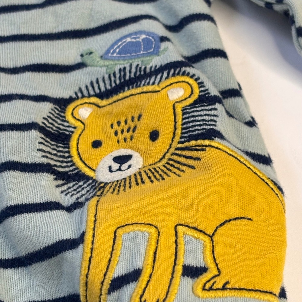 Baby 3M Blue Striped Lion Turtle Snap Up Footed Sleeper Embroidered Romper Baby - Picture 2 of 4